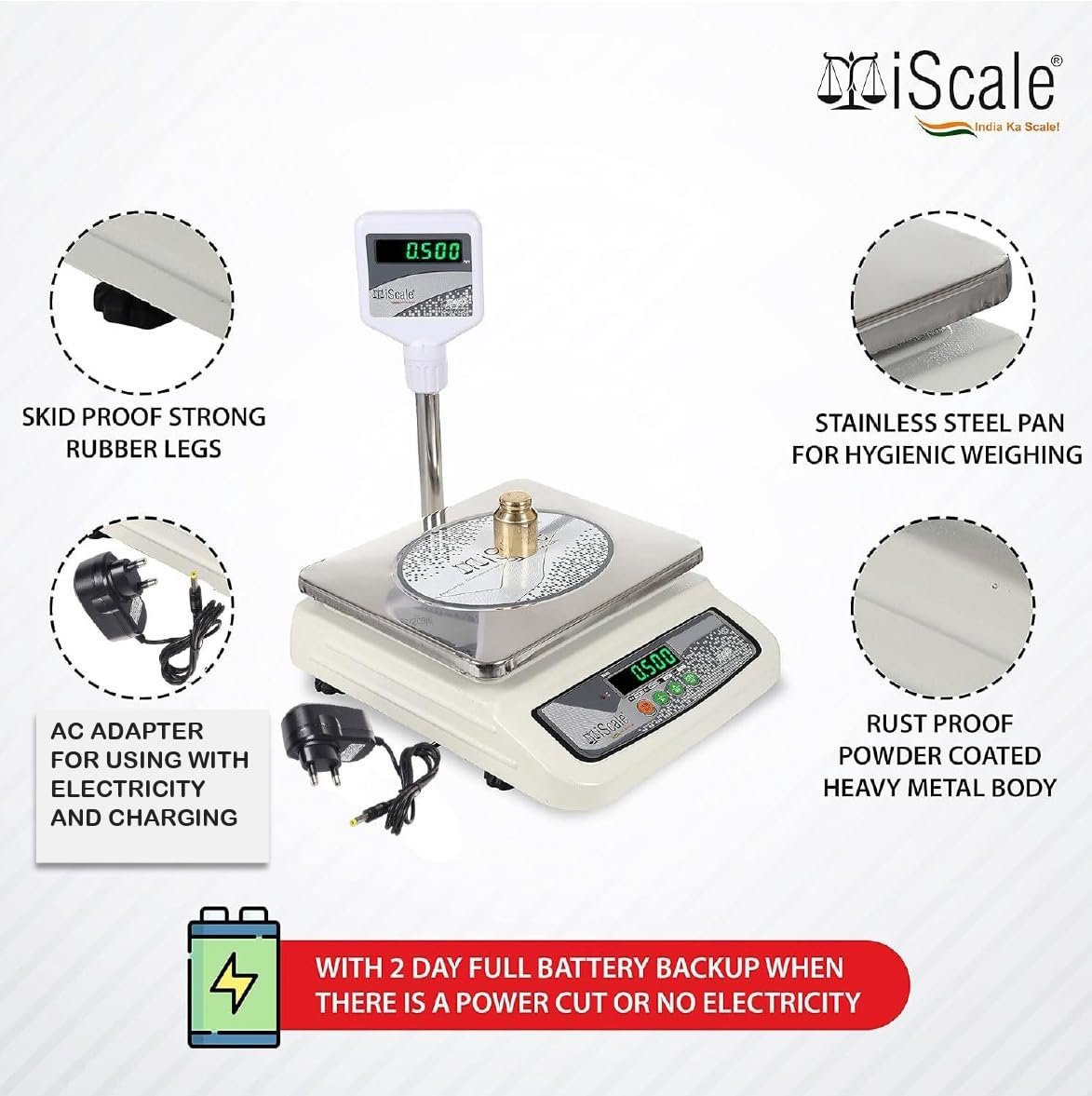 iScale i-05, 30kg x 1g commercial scale with stamp & certificate, 250x300mm SS Pan,Pole Green Display, Chargeable