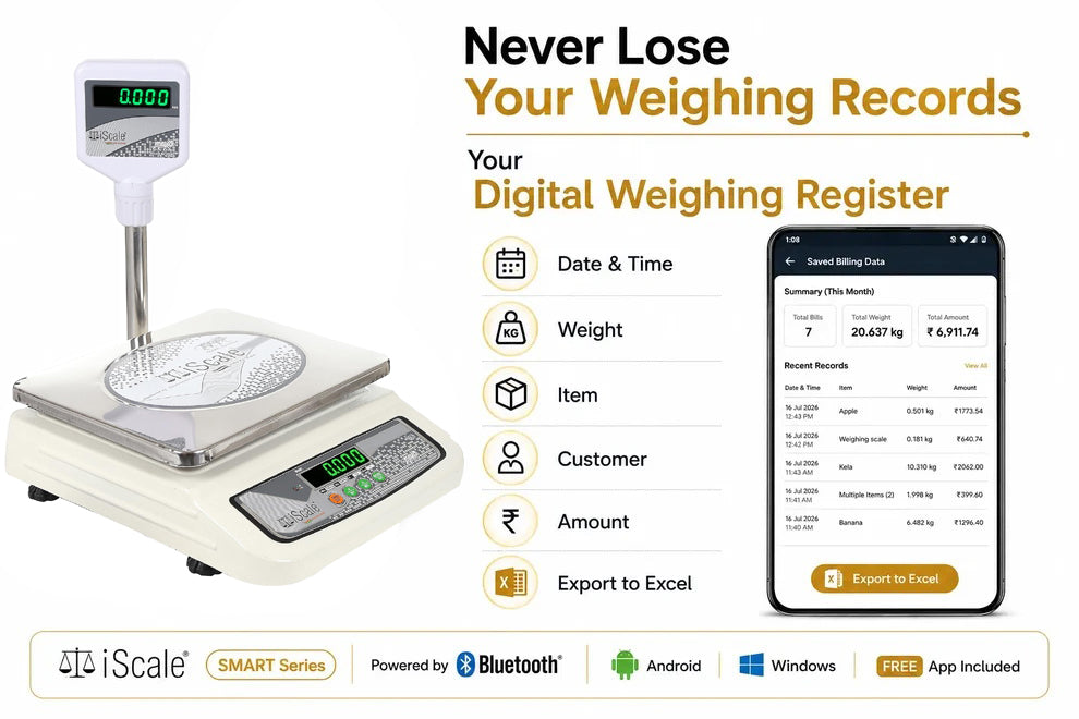iScale S-05 30kg x 1g Smart Bluetooth Scale | Stamp & Certificate | 250x300mm SS Pan | Free Android & Windows Weight Recording App | Front & Pole Green Display