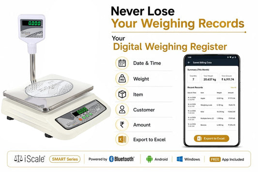 iScale S-05 30kg x 1g Smart Bluetooth Scale | Stamp & Certificate | 250x300mm SS Pan | Free Android & Windows Weight Recording App | Front & Pole Green Display