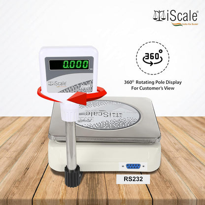 iScale i-05-RS232, 30kg x 1g commercial scale with stamp & certificate, 250x300mm SS Pan, Front & Pole Green Display, Rechargeable