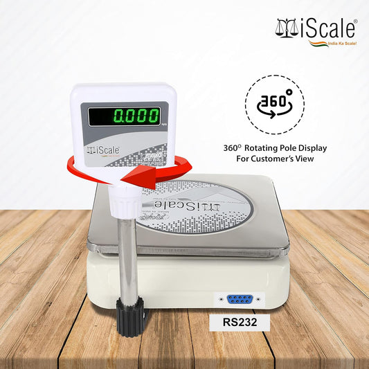 iScale i-05-RS232, 30kg x 1g commercial scale with stamp & certificate, 250x300mm SS Pan, Front & Pole Green Display, Rechargeable
