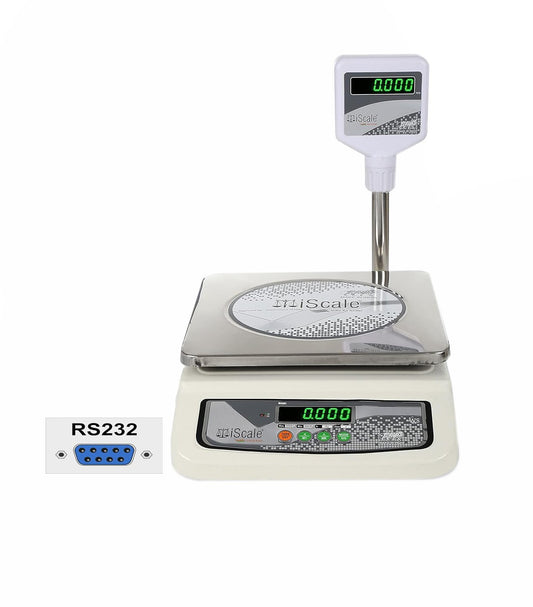 iScale i-05-RS232, 30kg x 1g commercial scale with stamp & certificate, 250x300mm SS Pan, Front & Pole Green Display, Rechargeable