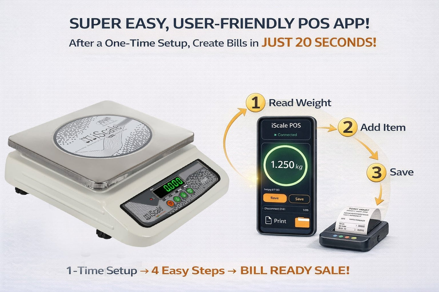 iScale i-06 Bluetooth Weighing Scale | 30kg × 1g | Front & Back Double Display Green| Free Easy to use Android/Pc App for Quick Billing | MS body & pan 10×12 inch | Kirana Shop, Kitchen and Commercial Purposes with Certificate