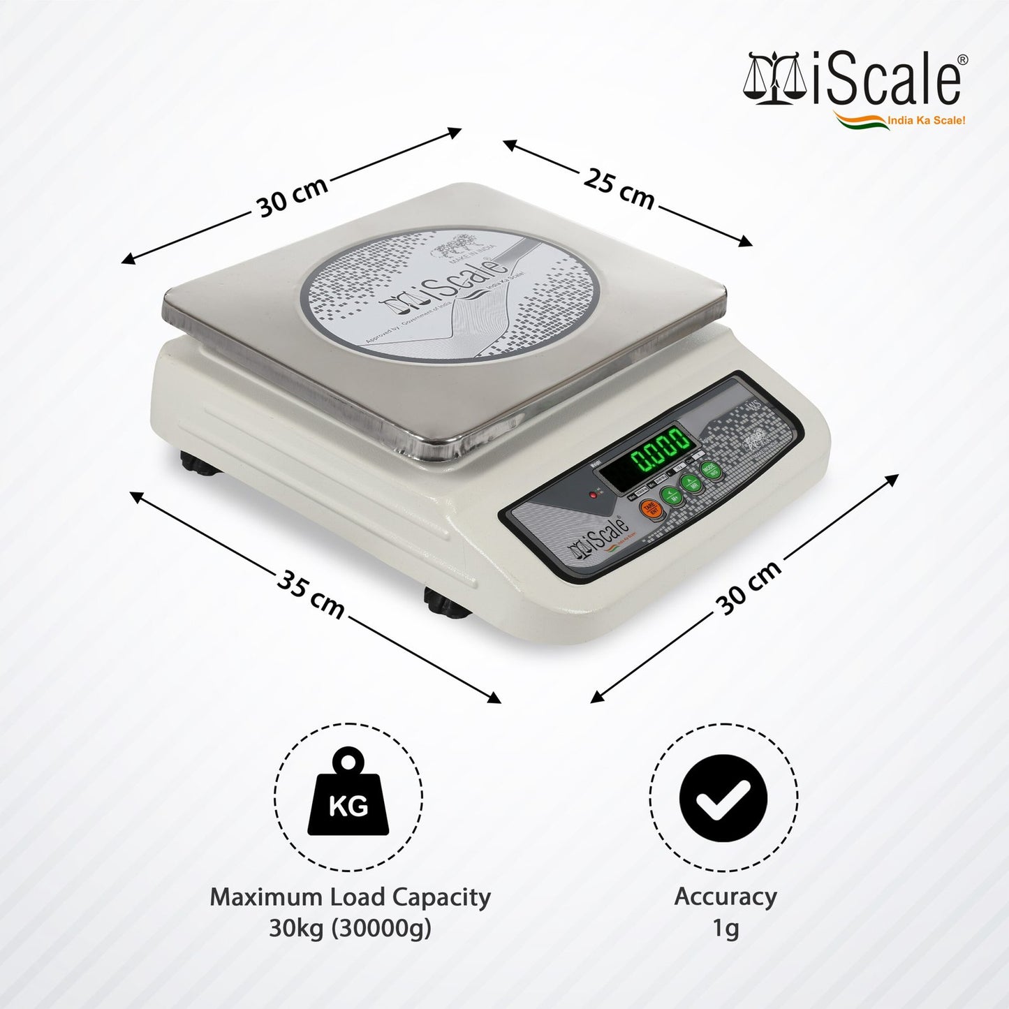 iScale i-06-RS232, 30kg x 1g commercial scale with stamp & certificate, 250x300mm SS Pan, Front & Back Green Display, Rechargeable
