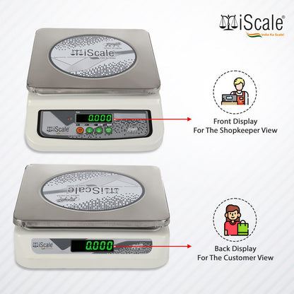iScale i-06, 30kg x 1g commercial scale with stamp & certificate, 250x300mm SS Pan, Front & Back Green Display, Rechargeable