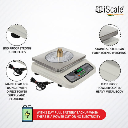 iScale i-06-RS232, 30kg x 1g commercial scale with stamp & certificate, 250x300mm SS Pan, Front & Back Green Display, Rechargeable