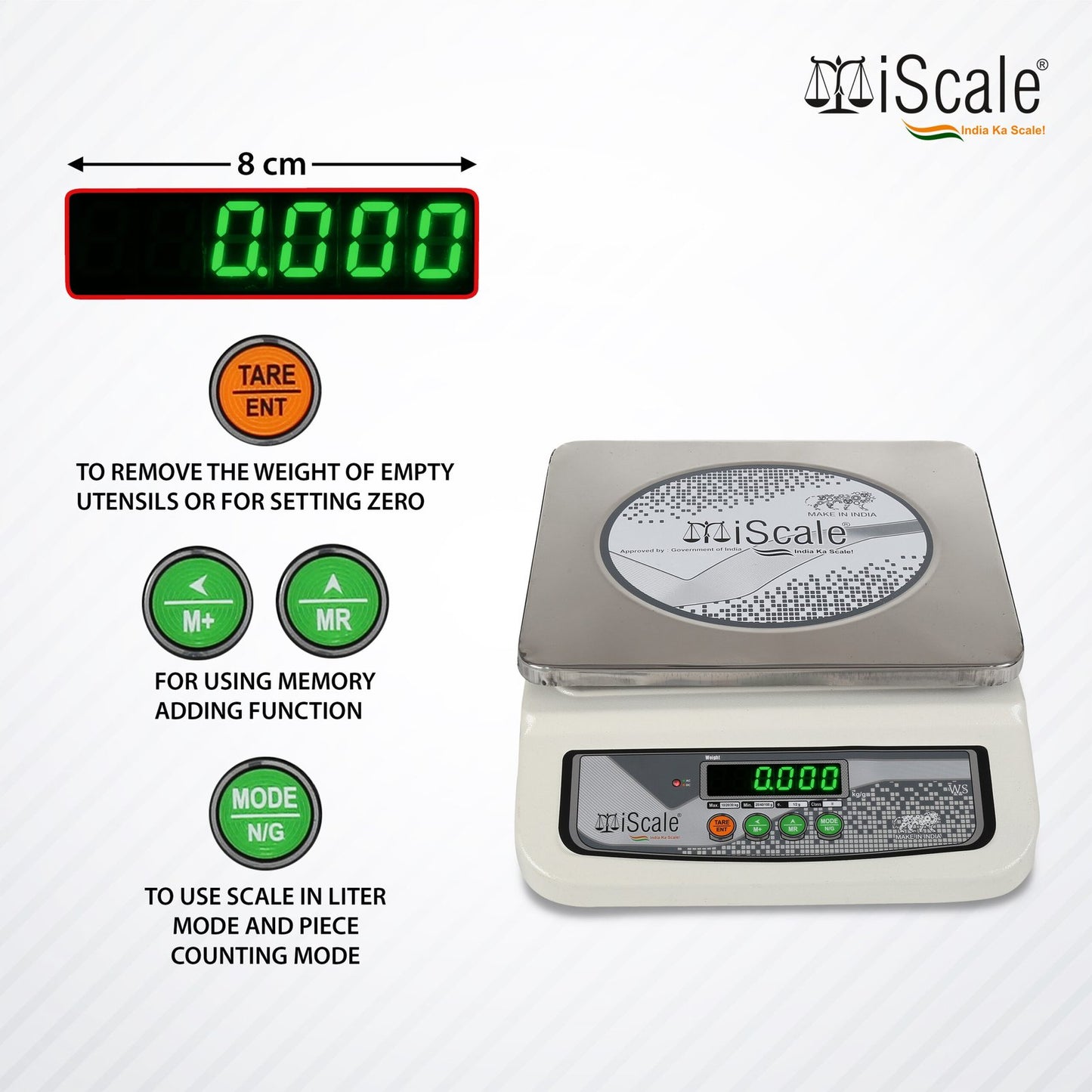 iScale i-06, 30kg x 1g commercial scale with stamp & certificate, 250x300mm SS Pan, Front & Back Green Display, Rechargeable