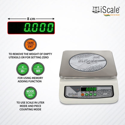 iScale i-06, 30kg x 1g commercial scale with stamp & certificate, 250x300mm SS Pan, Front & Back Green Display, Rechargeable