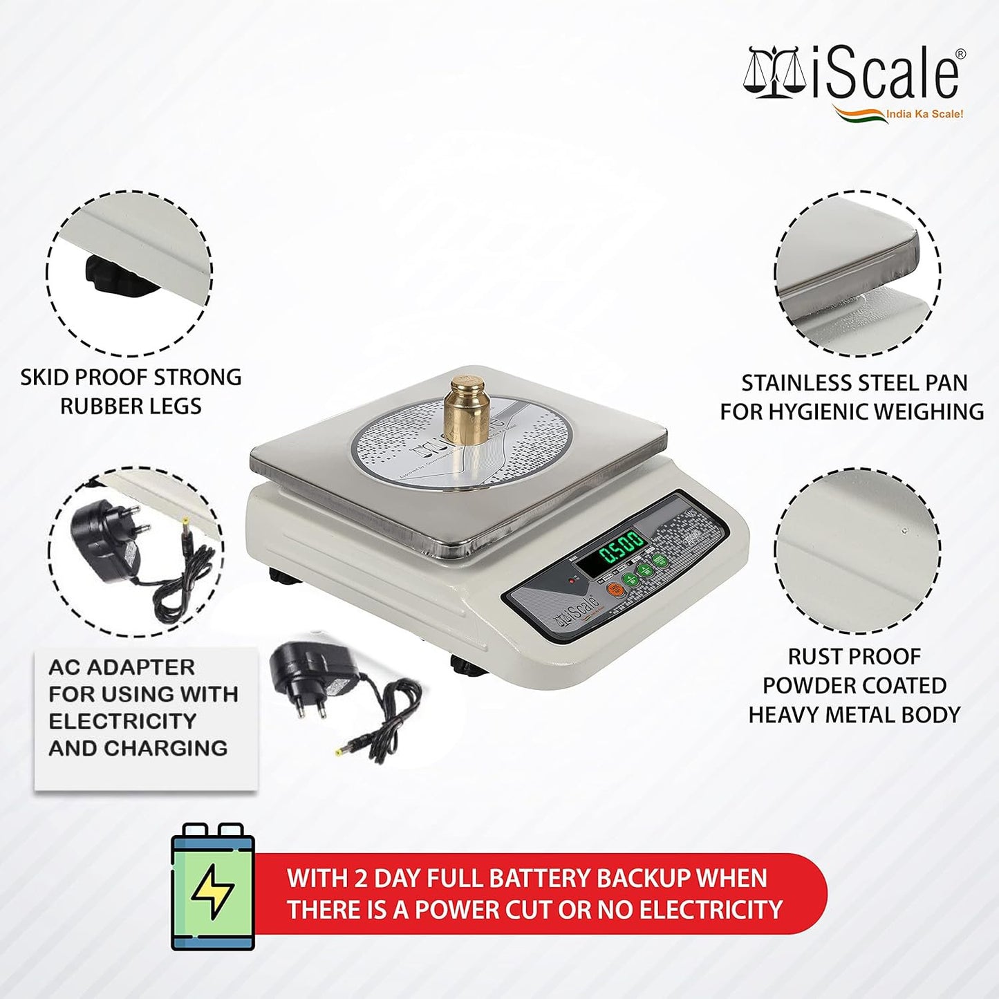 iScale i-06, 30kg x 1g commercial scale with stamp & certificate, 250x300mm SS Pan, Front & Back Green Display, Rechargeable