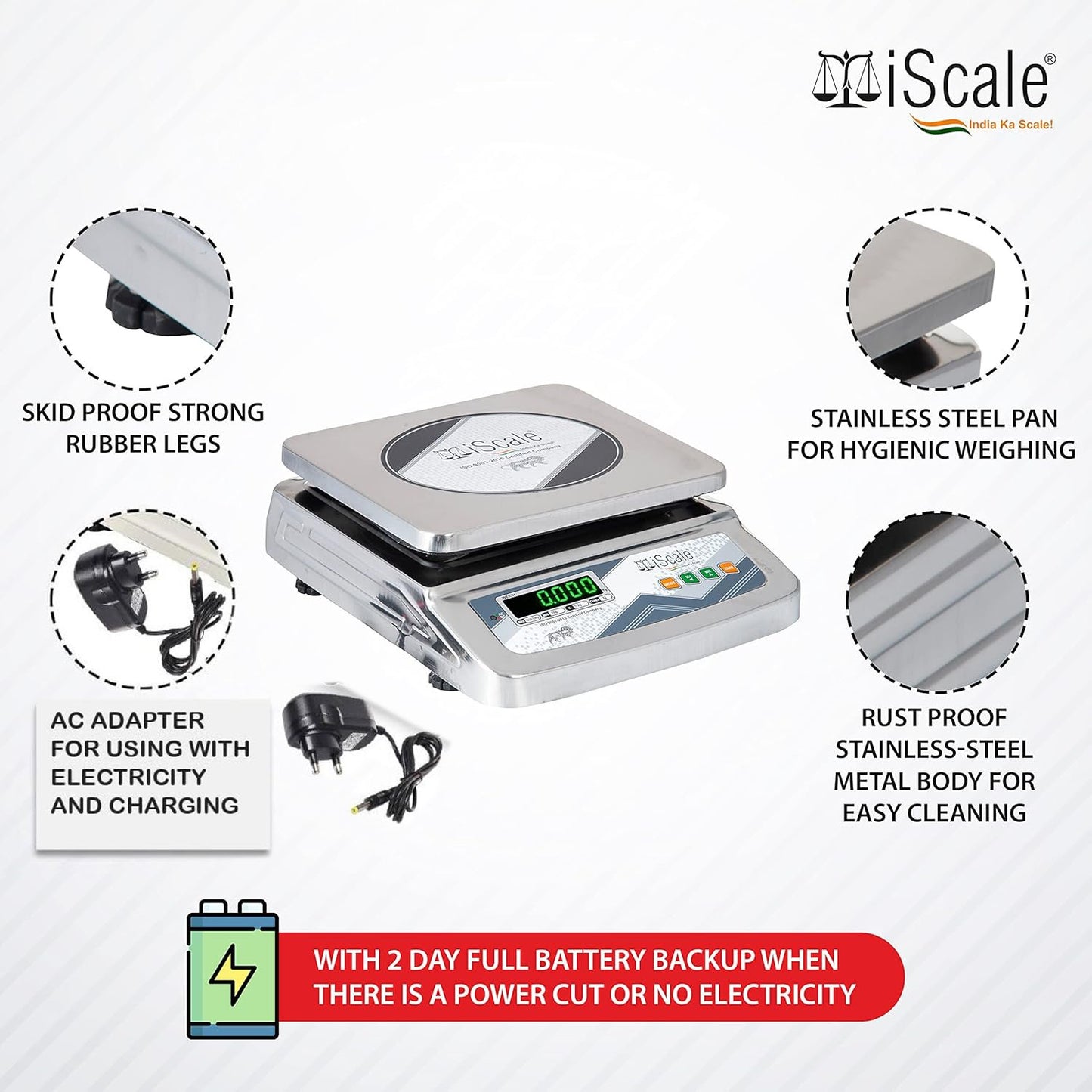 iScale i-07, 30kg x 1g commercial scale with stamp & certificate, 250x300mm SS Body, Front & Back Green Display, Chargeable
