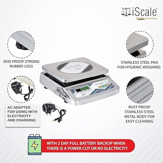 iScale i-07 Bluetooth Table Top Scale | 30kg× 1g | SS Pan size 250x300mm | Front & Back Green Display | Free Android/Pc App Billing | For Commercial & Industrial Use
