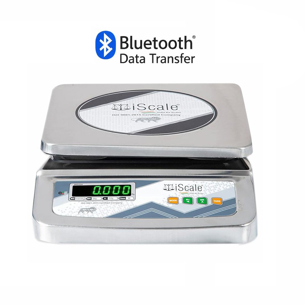 iScale i-07 Bluetooth Table Top Scale | 30kg× 1g | SS Pan size 250x300mm | Front & Back Green Display | Free Android/Pc App Billing | For Commercial & Industrial Use
