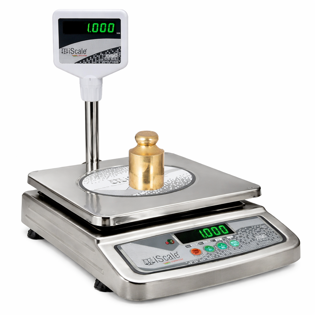 iScale i-07P, 30kg x 1g commercial scale with stamp & certificate, 250x300mm SS Pan, Front & Back Green Display, Rechargeable