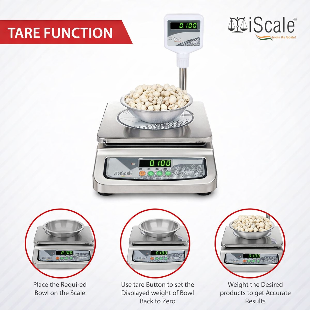 iScale i-07, 30kg x 1g commercial scale with stamp & certificate, 250x300mm SS Pan, Front & Back Green Display, Rechargeable