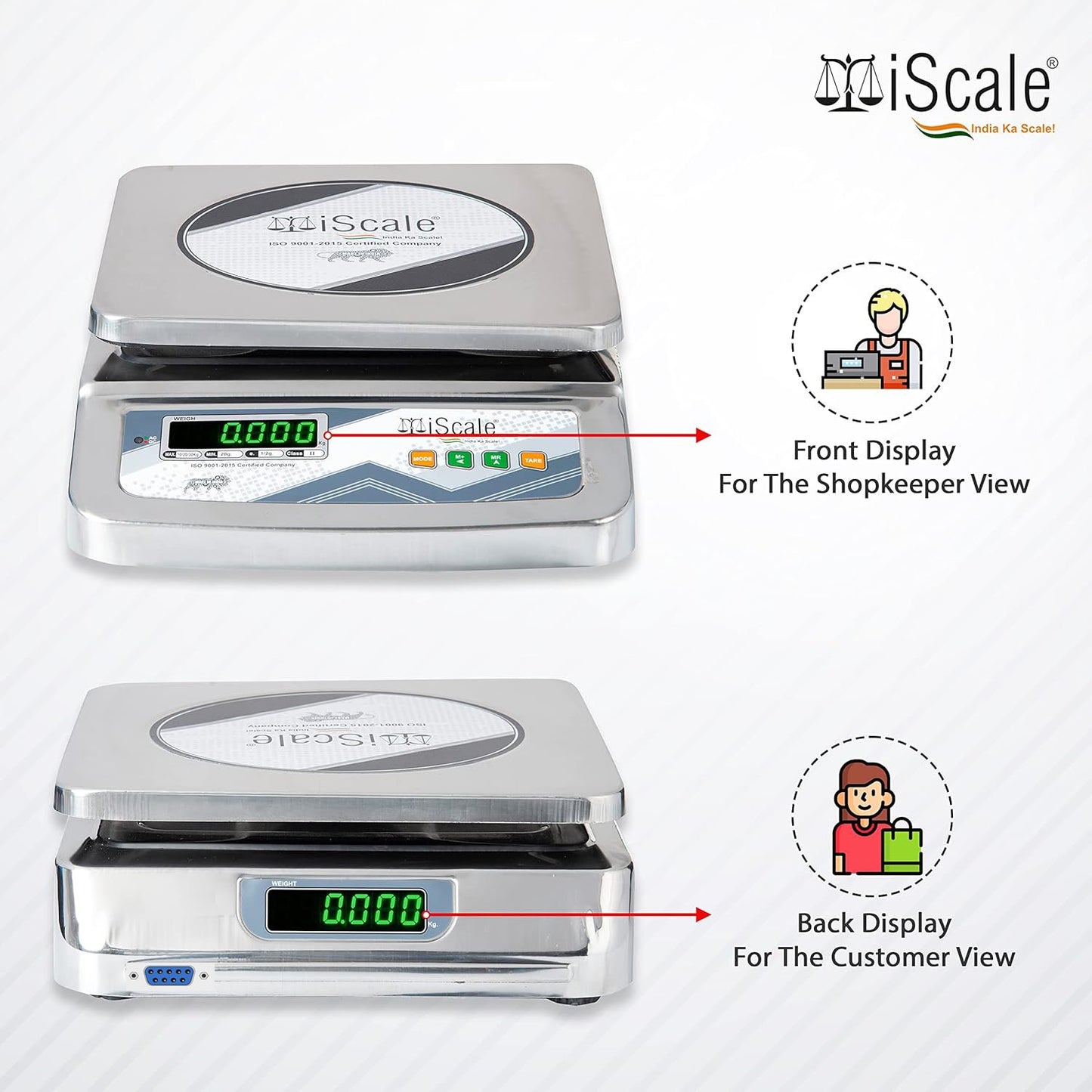 iScale i-07-Rs232, 30kg x 1g commercial scale with stamp & certificate, 250x300mm SS Pan, Front & Back Green Display, Rechargeable