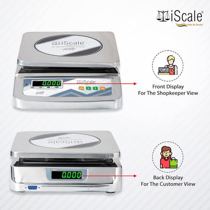 iScale i-07-Rs232, 30kg x 1g commercial scale with stamp & certificate, 250x300mm SS Pan, Front & Back Green Display, Rechargeable