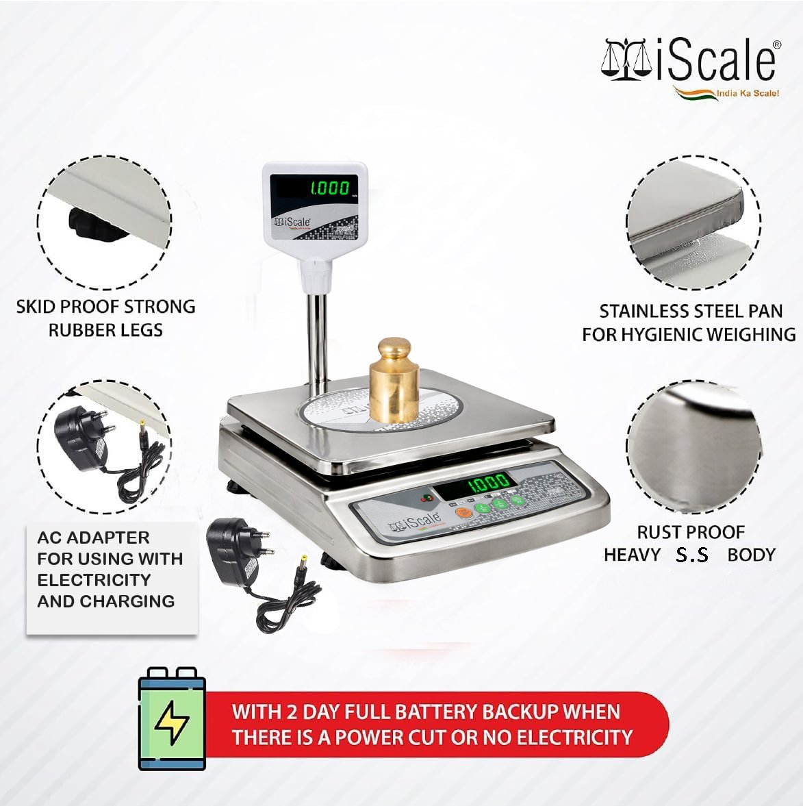 iScale i-07, 30kg x 1g commercial scale with stamp & certificate, 250x300mm SS Pan, Front & Back Green Display, Rechargeable