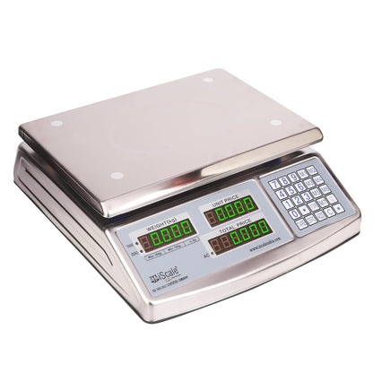 iScale i-08: 30kg x 1g Commercial scale with stamp & certificate,Price Computing Scale SS Body, Front & Back Green Display, Rechargeable