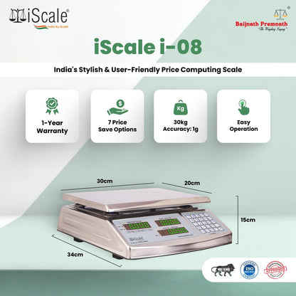 iScale i-08: 30kg x 1g Commercial scale with stamp & certificate,Price Computing Scale SS Body, Front & Back Green Display, Rechargeable