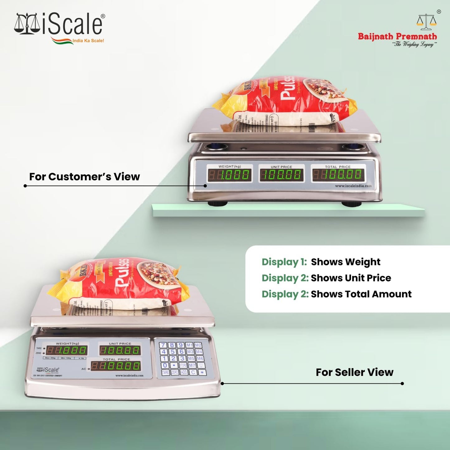 iScale i-08: 30kg x 1g Commercial scale with stamp & certificate,Price Computing Scale SS Body, Front & Back Green Display, Rechargeable