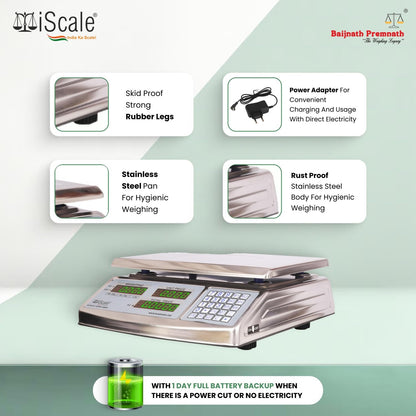 iScale i-08: 30kg x 1g Commercial scale with stamp & certificate,Price Computing Scale SS Body, Front & Back Green Display, Rechargeable