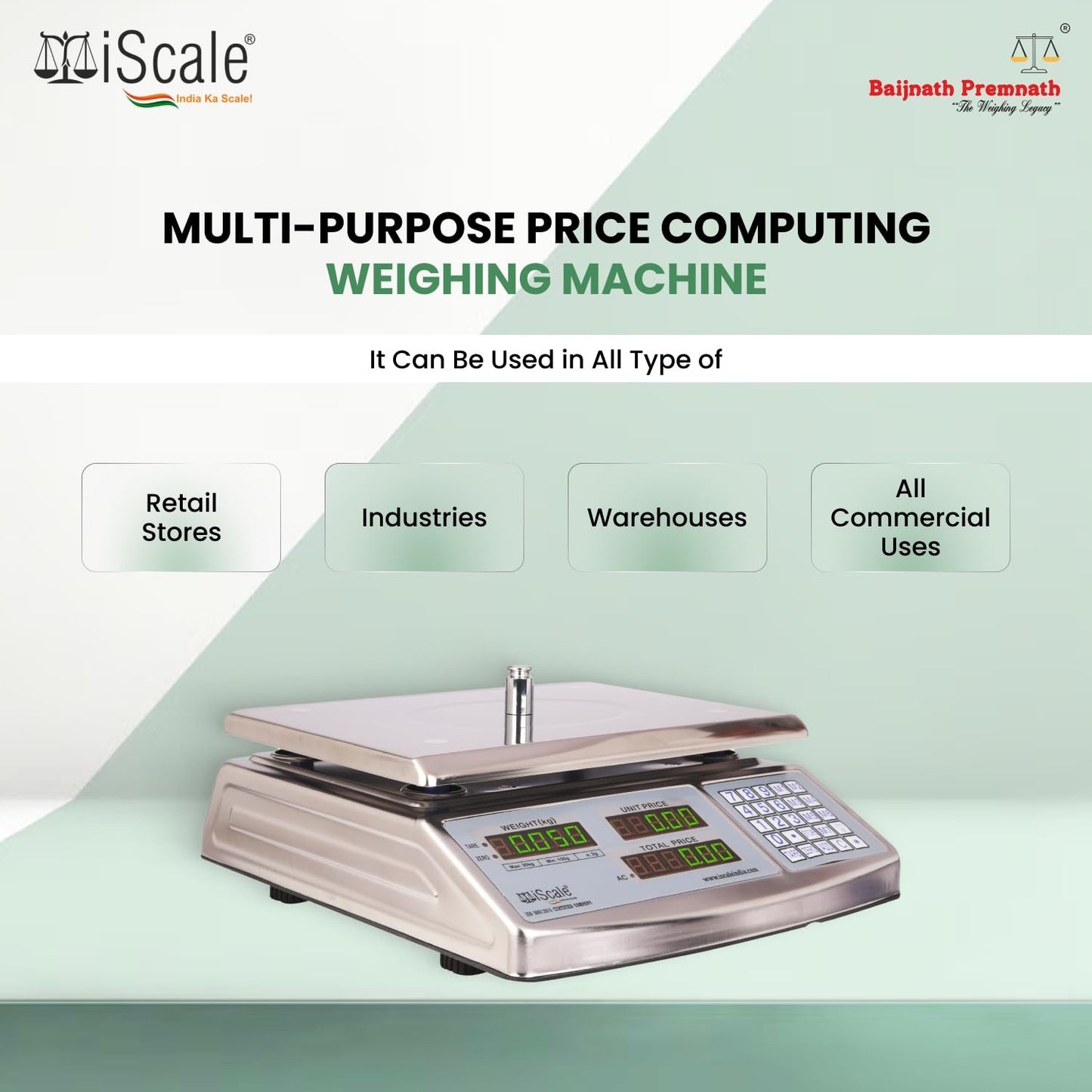 iScale i-08: 30kg x 1g Commercial scale with stamp & certificate,Price Computing Scale SS Body, Front & Back Green Display, Rechargeable
