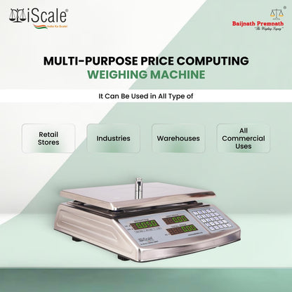 iScale i-08: 30kg x 1g Commercial scale with stamp & certificate,Price Computing Scale SS Body, Front & Back Green Display, Rechargeable