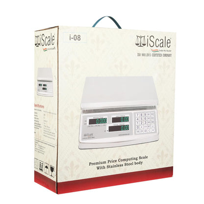 iScale i-08: 30kg x 1g Commercial scale with stamp & certificate,Price Computing Scale SS Body, Front & Back Green Display, Rechargeable