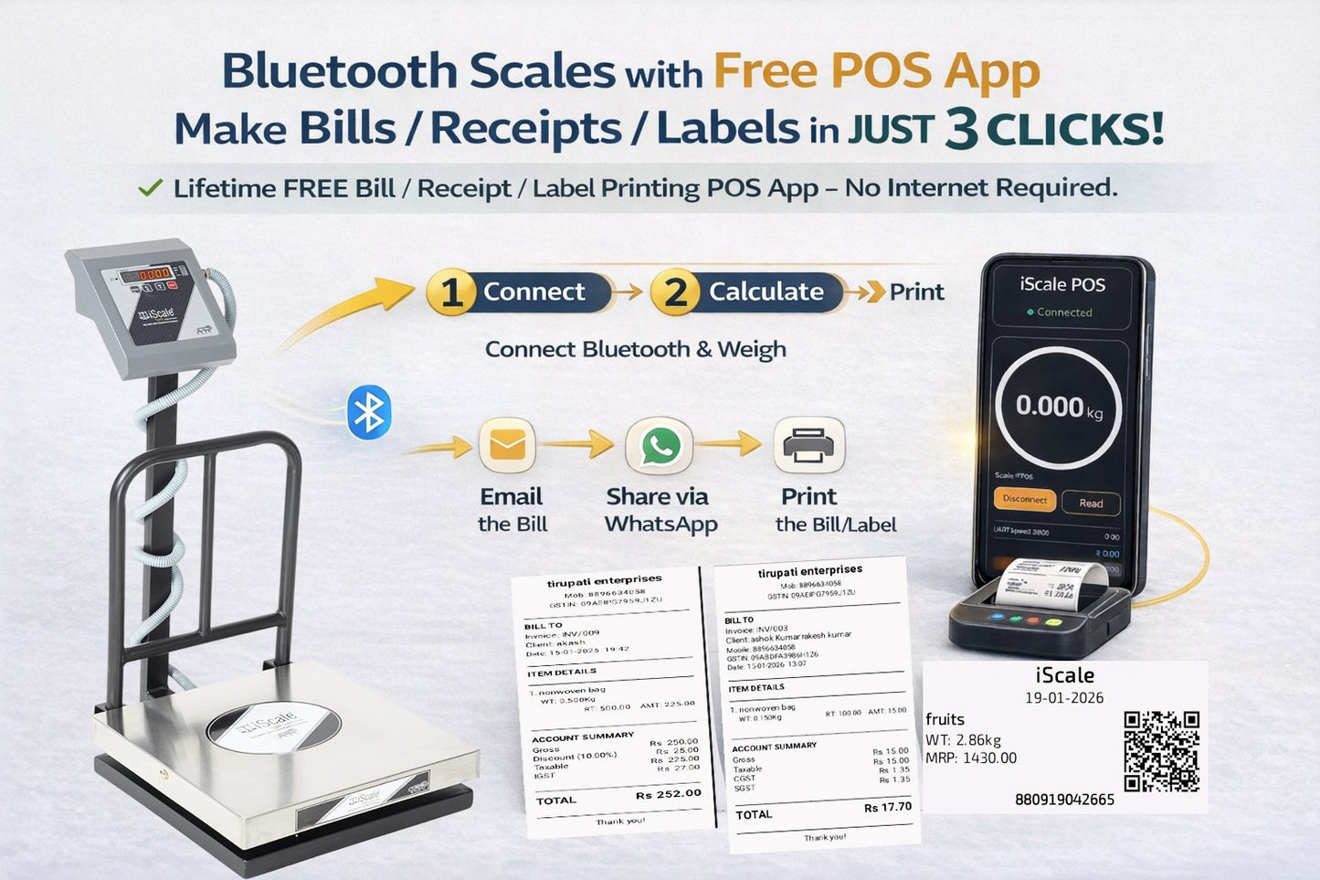 iScale i-12 Bluetooth Platform Scale | 100kg× 10g | SS Pan size 400x400mm | Front & Back Red Display | Free Android/Pc App Billing | For Commercial & Industrial Use