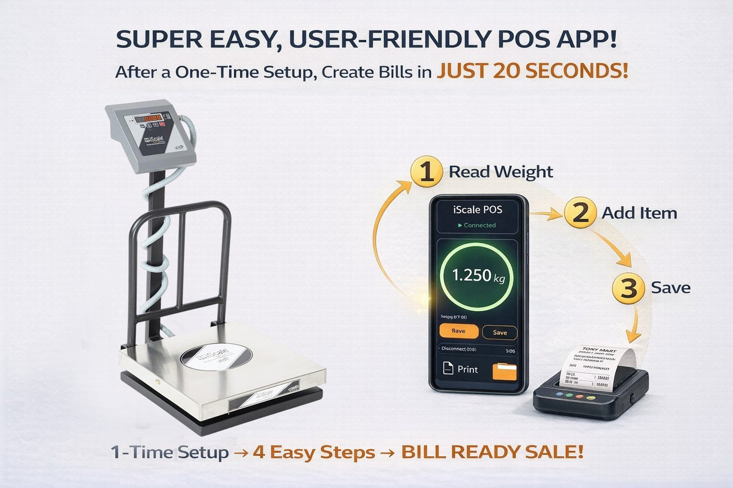 iScale i-12 Bluetooth Platform Scale | 100kg× 10g | SS Pan size 400x400mm | Front & Back Red Display | Free Android/Pc App Billing | For Commercial & Industrial Use