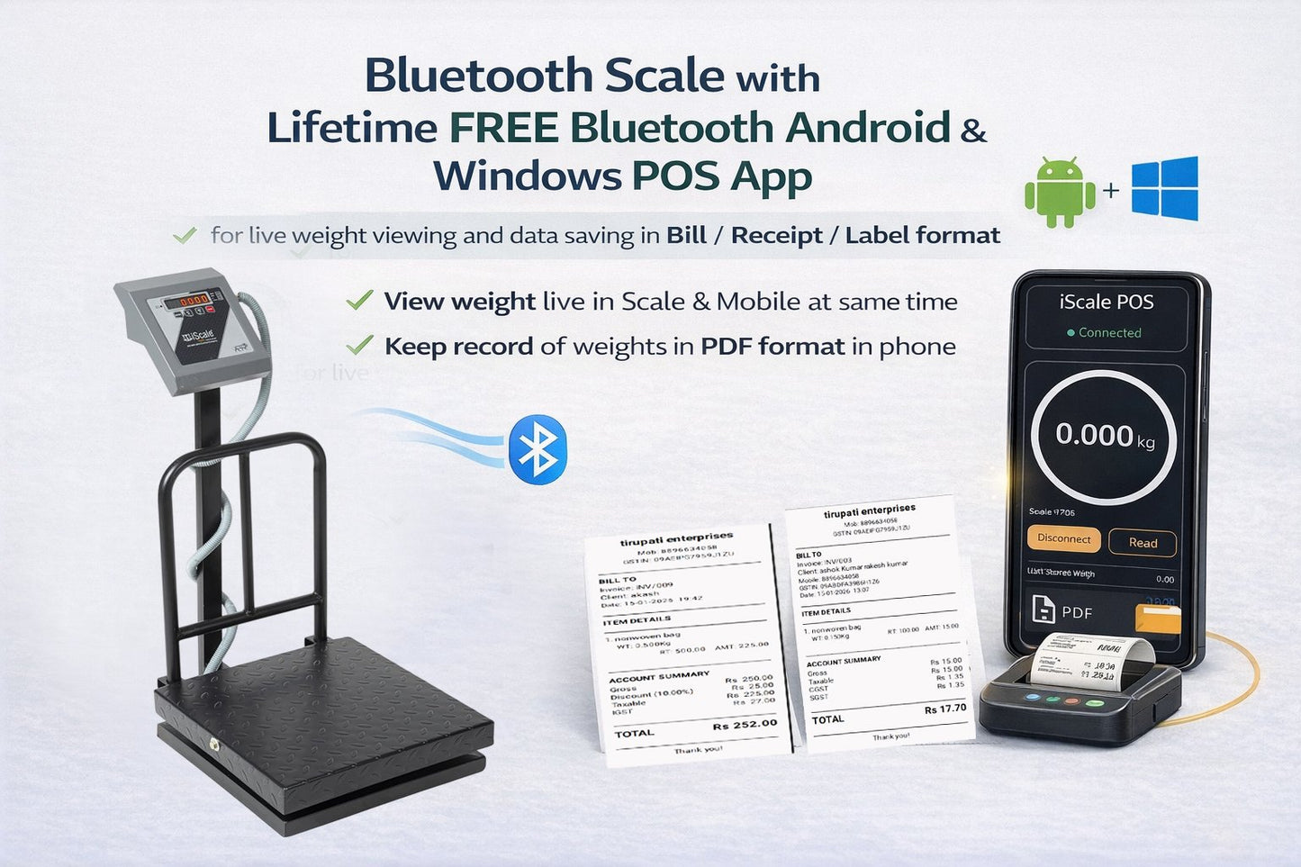 iScale i-13 Bluetooth Platform Scale | 100kg× 10g | MS Pan size 400x400mm | Front & Back Red Display | Free Android/Pc App Billing | For Commercial & Industrial Use