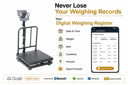 iScale S-15, 150kg x 20g Smart Bluetooth Scale | Stamp & Certificate | 450x450mm MS Pan | Free Android & Windows Weight Recording App | Front & Back Red Display