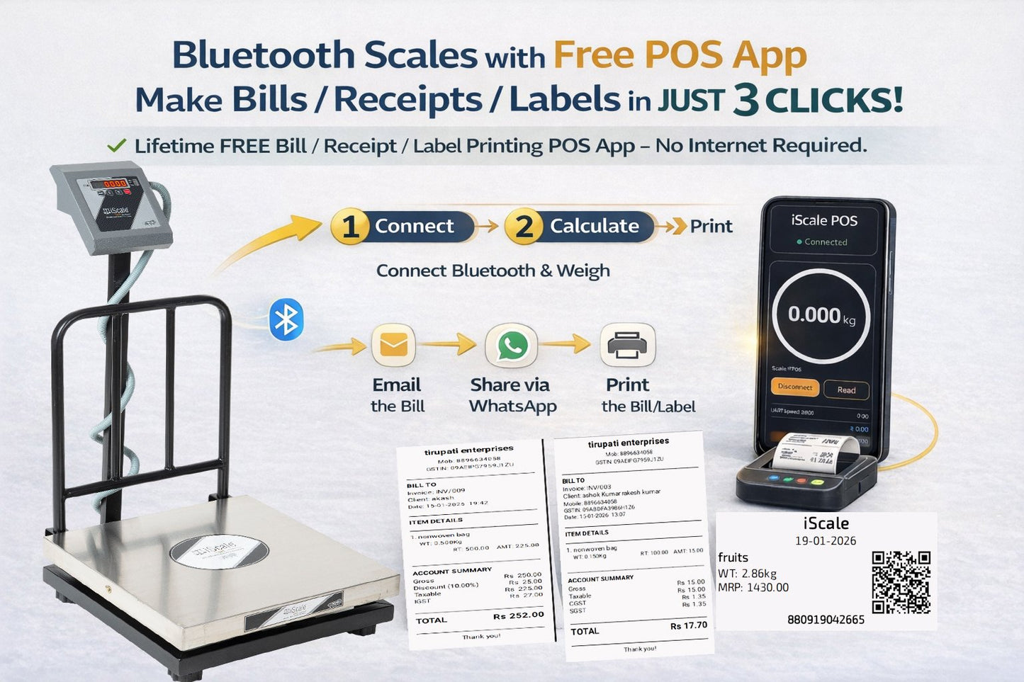 iScale i-16 Bluetooth Platform Scale | 150kg× 20g | SS Pan size 450x450mm | Front & Back Red Display | Free Android/Pc App Billing | For Commercial & Industrial Use
