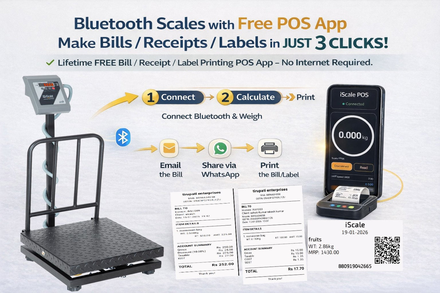 iScale i-19 Bluetooth Platform Scale | 500kg× 50g | MS Pan size 600x600mm | Front & Back Red Display | Free Android/Pc App Billing | For Commercial & Industrial Use