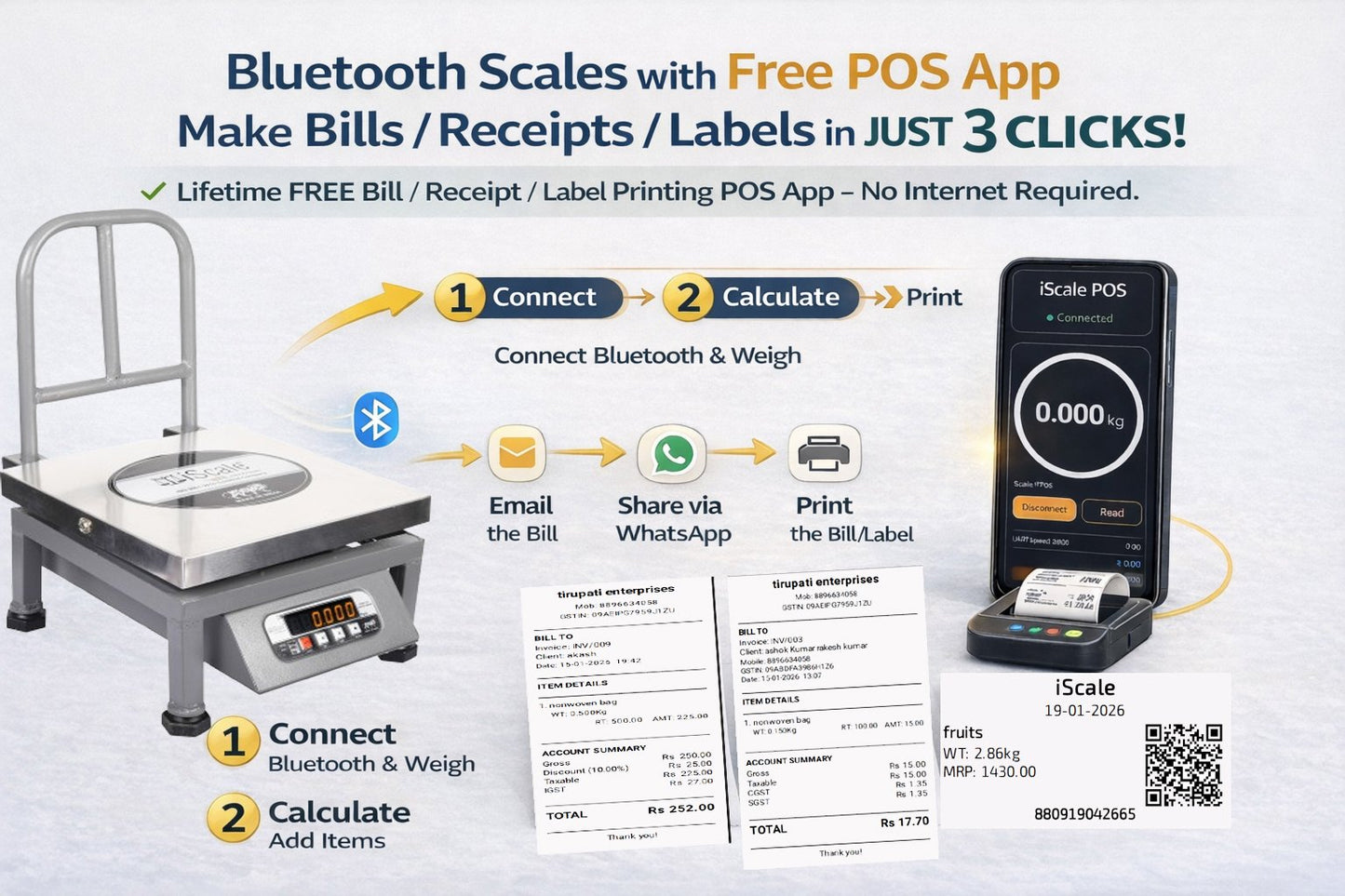 iScale i-20 Bluetooth Platform Scale | 100kg× 10g | SS Pan size 300x300mm | Front & Back Red Display | Free Android/Pc App Billing | For Commercial & Industrial Use