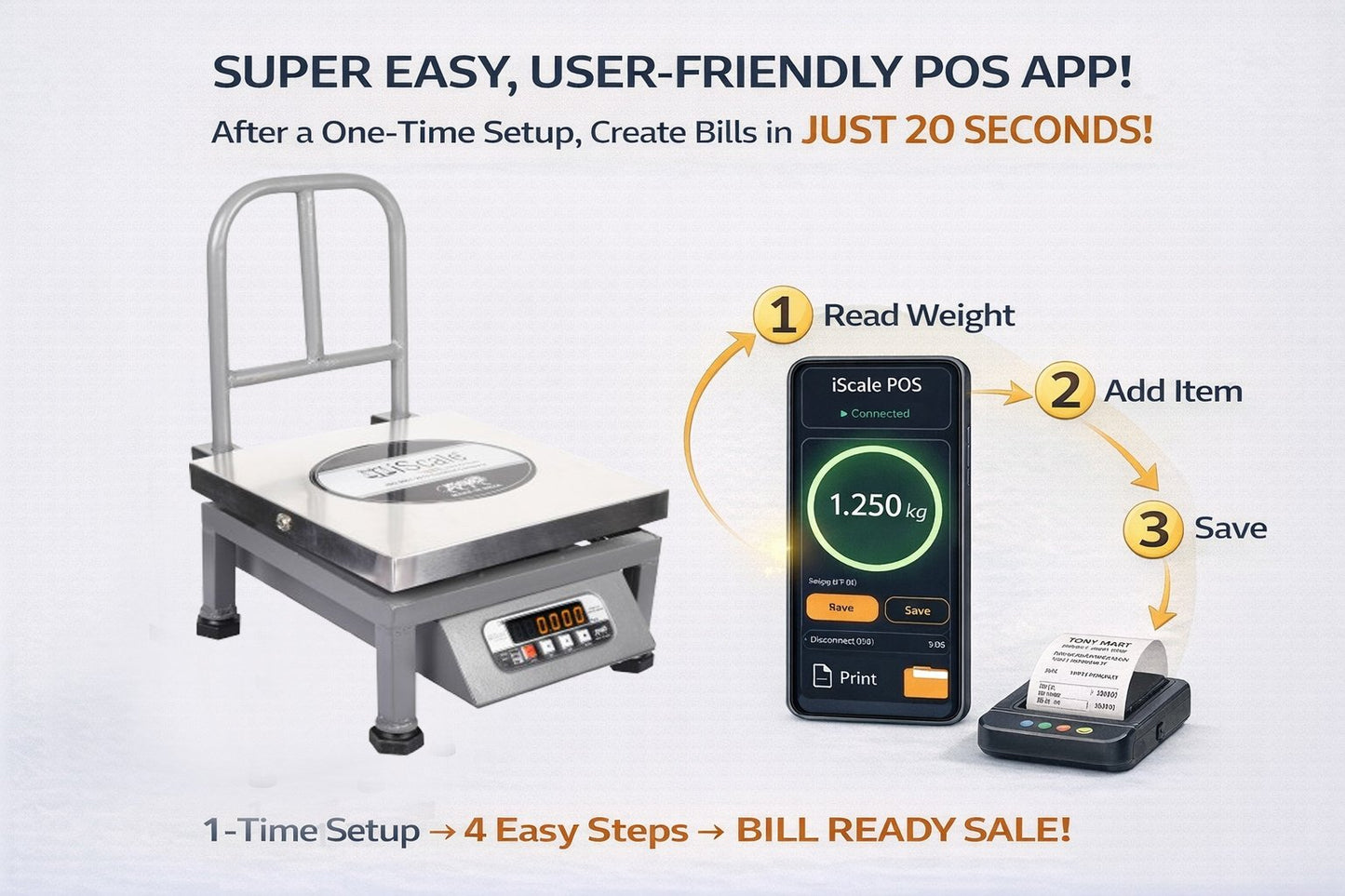 iScale i-20 Bluetooth Platform Scale | 100kg× 10g | SS Pan size 300x300mm | Front & Back Red Display | Free Android/Pc App Billing | For Commercial & Industrial Use