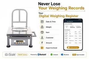 iScale S-20 50Kg x 5g Smart Bluetooth Scale | Stamp & Certificate | 300x300mm SS Pan | Free Android & Windows Weight Recording App | Front & Back Red Display