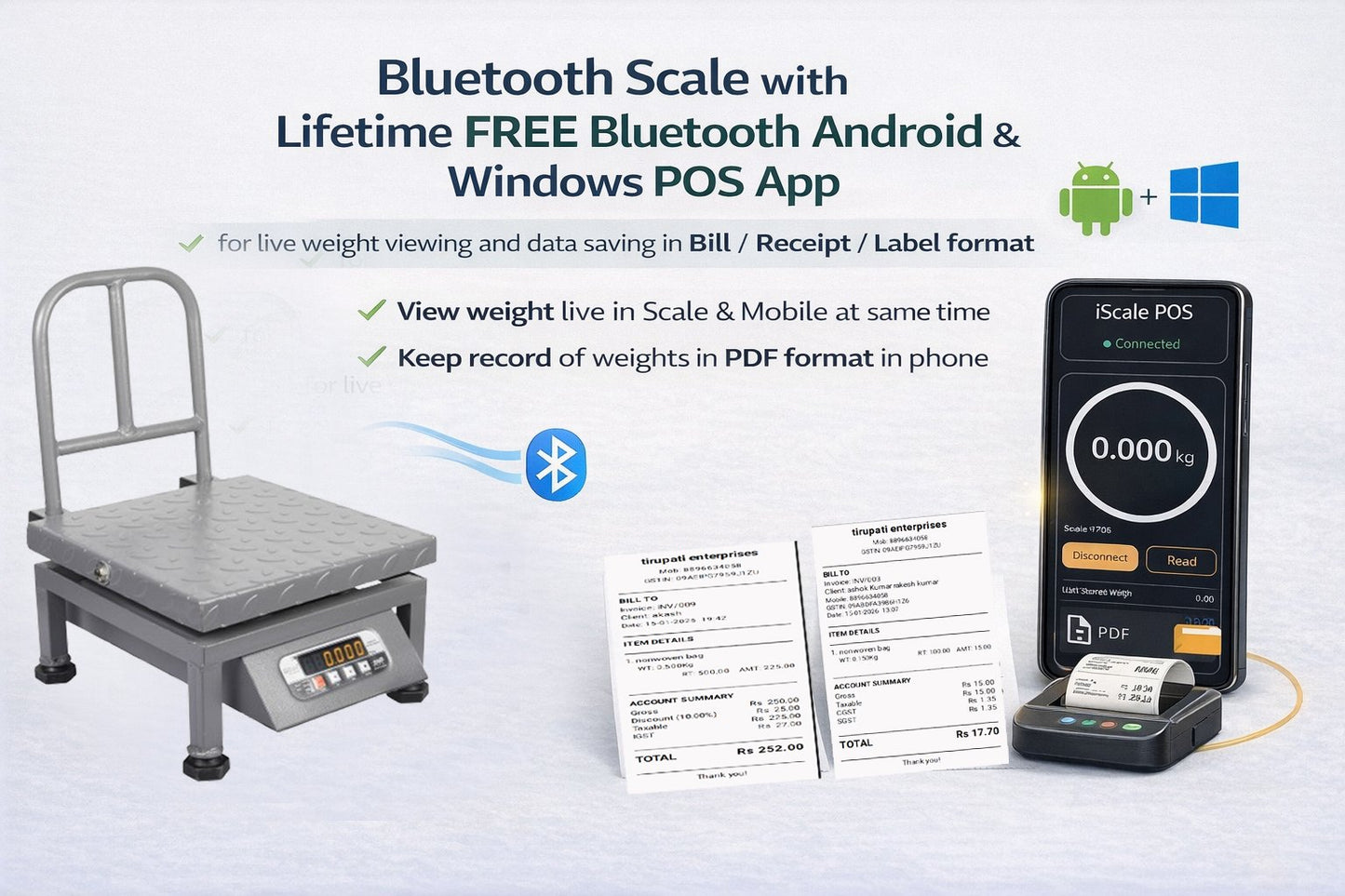 iScale i-21 Bluetooth Platform Scale | 100kg× 10g | MS Pan size 300x300mm | Front & Back Red Display | Free Android/Pc App Billing | For Commercial & Industrial Use