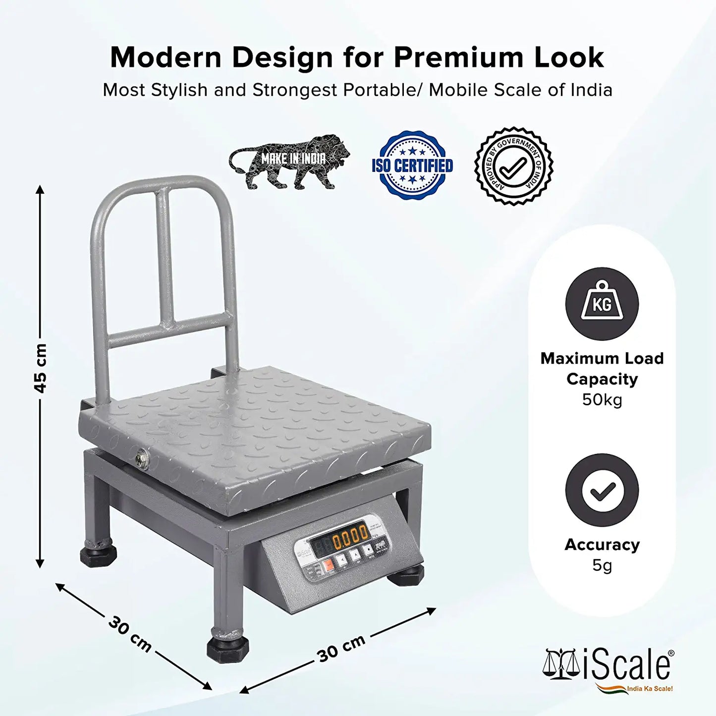 iScale i-21 Bluetooth Platform Scale | 50kg× 5g | MS Pan size 300x300mm | Front & Back Red Display | Free Android/Pc App Billing | For Commercial & Industrial Use