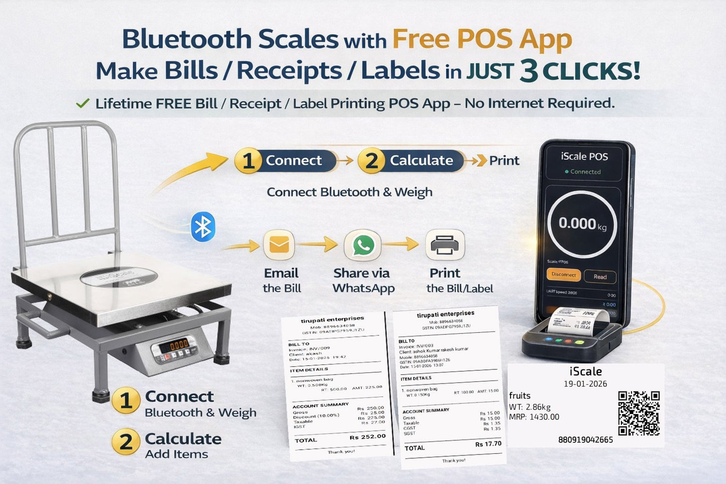 iScale i-22 Bluetooth Platform Scale | 150kg× 20g | SS Pan size 400x400mm | Front & Back Red Display | Free Android/Pc App Billing | For Commercial & Industrial Use
