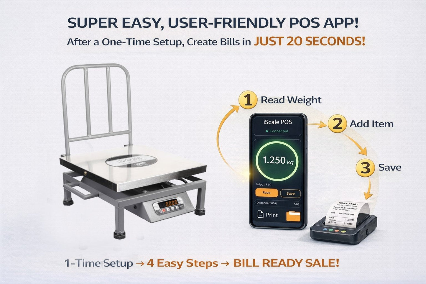 iScale i-22 Bluetooth Platform Scale | 150kg× 20g | SS Pan size 400x400mm | Front & Back Red Display | Free Android/Pc App Billing | For Commercial & Industrial Use