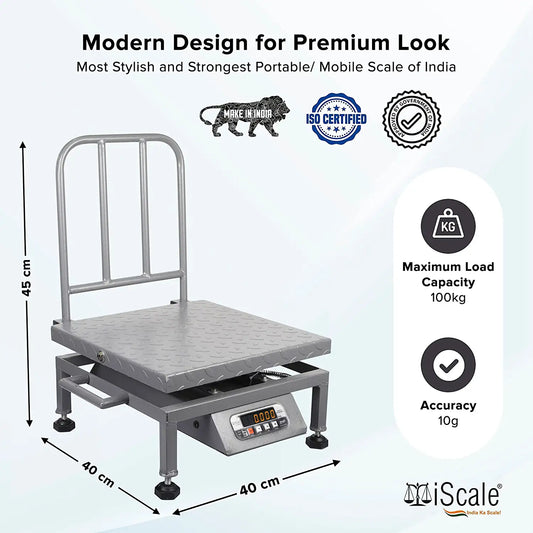 iScale i-23, 100kg x 10g commercial portable scale with stamp & certificate, 400x400mm MS Pan, Front & Back Red Display, Chargeable