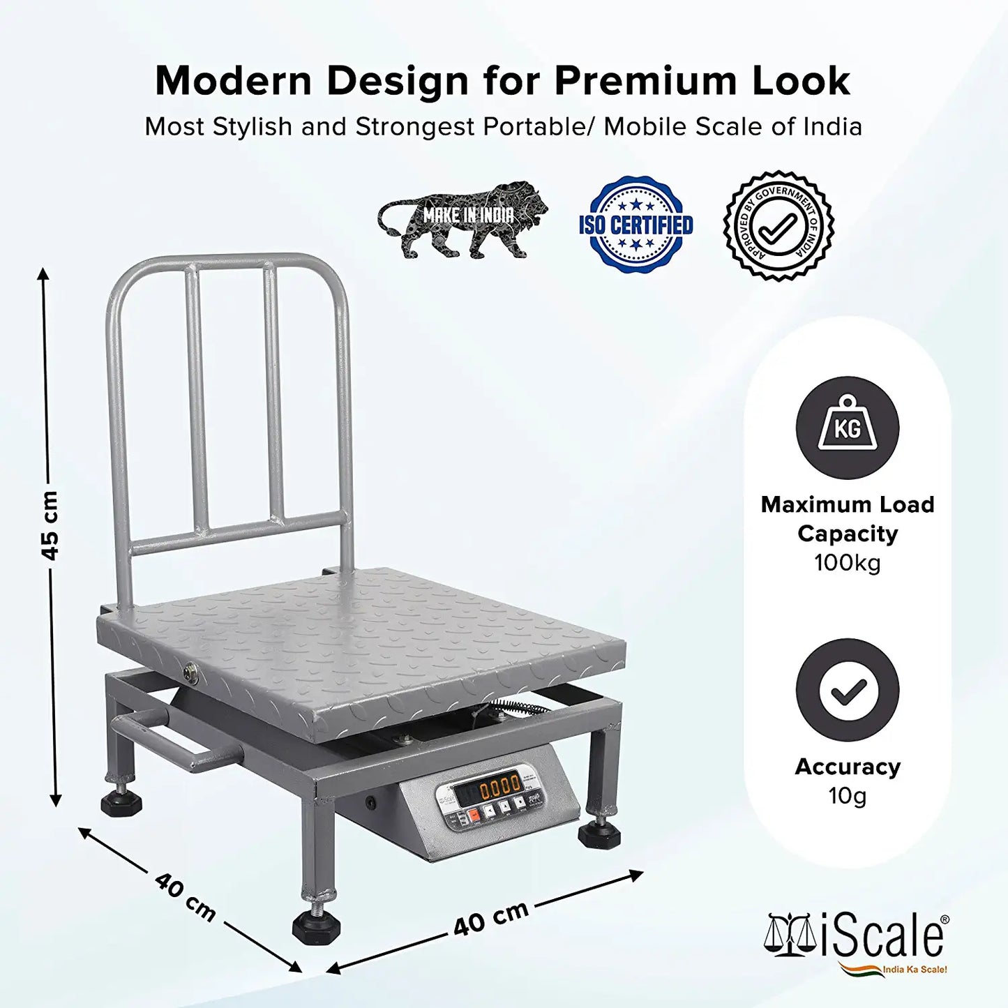 iScale i-23 Bluetooth Platform Scale | 100kg× 10g | MS Pan size 400x400mm | Front & Back Red Display | Free Android/Pc App Billing | For Commercial & Industrial Use