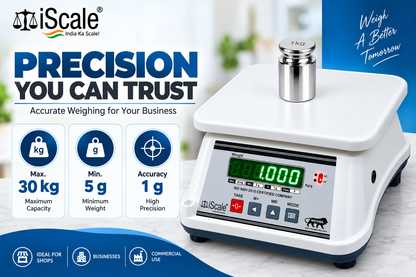 iScale i-09, 30kg x 1g with Stamp & Certificate, Also Useful for 5-10kg Weighing, 18x22cm, ABS Rust & Moisture Proof Body, Digital Weighing Scale for Kitchen, Shop & Industry
