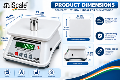 iScale i-09, 30kg x 1g with Stamp & Certificate, Also Useful for 5-10kg Weighing, 18x22cm, ABS Rust & Moisture Proof Body, Digital Weighing Scale for Kitchen, Shop & Industry