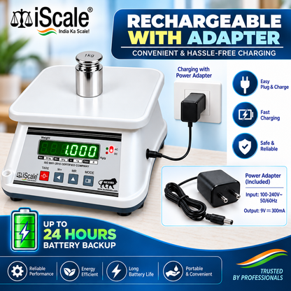 iScale i-09, 30kg x 1g with Stamp & Certificate, Also Useful for 5-10kg Weighing, 18x22cm, ABS Rust & Moisture Proof Body, Digital Weighing Scale for Kitchen, Shop & Industry