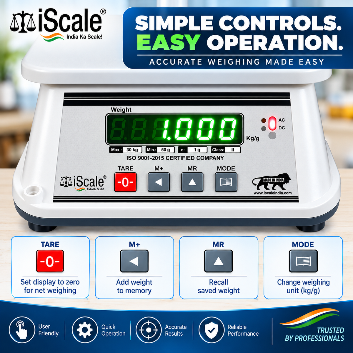 iScale i-09, 30kg x 1g with Stamp & Certificate, Also Useful for 5-10kg Weighing, 18x22cm, ABS Rust & Moisture Proof Body, Digital Weighing Scale for Kitchen, Shop & Industry