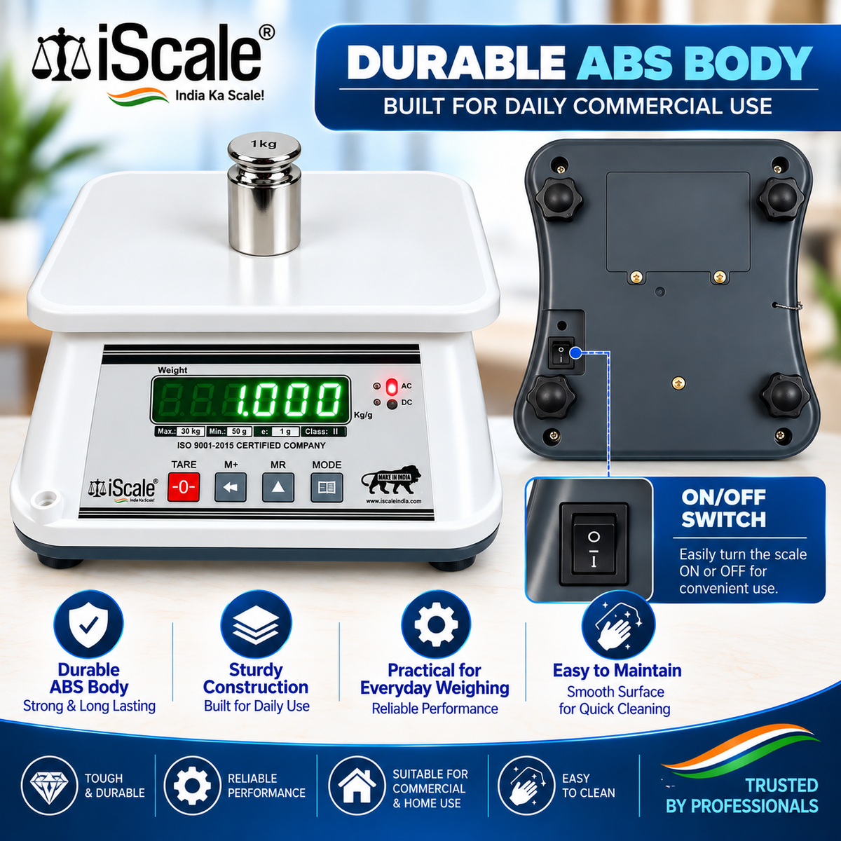 iScale i-09, 30kg x 1g with Stamp & Certificate, Also Useful for 5-10kg Weighing, 18x22cm, ABS Rust & Moisture Proof Body, Digital Weighing Scale for Kitchen, Shop & Industry
