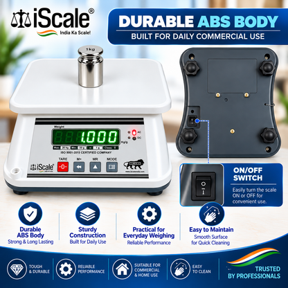 iScale i-09, 30kg x 1g with Stamp & Certificate, Also Useful for 5-10kg Weighing, 18x22cm, ABS Rust & Moisture Proof Body, Digital Weighing Scale for Kitchen, Shop & Industry