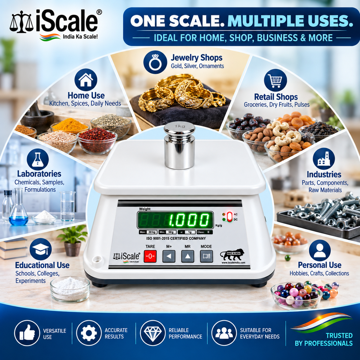 iScale i-09, 30kg x 1g with Stamp & Certificate, Also Useful for 5-10kg Weighing, 18x22cm, ABS Rust & Moisture Proof Body, Digital Weighing Scale for Kitchen, Shop & Industry